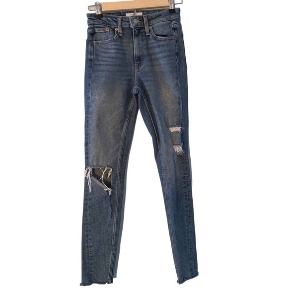 Levis Altered 721 High Rise Skinny Jeans Distressed Raw Hem Medium‎ Blue 24X28 - Picture 1 of 16